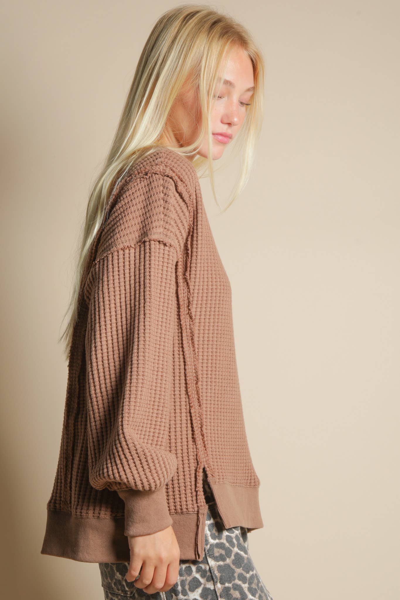 Oversized Waffle Knit Casual Top in Mocha