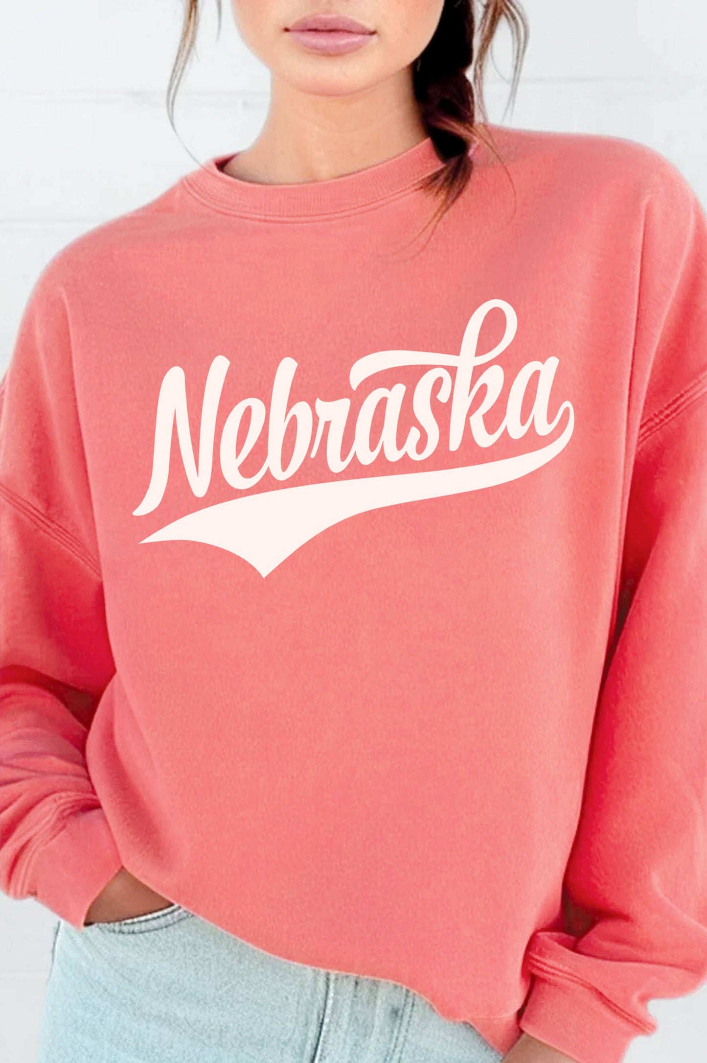 Graphic - Nebraska Puff Print Crew in Coral