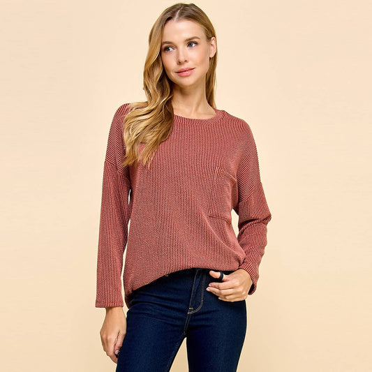 Solid Ribbed Long Sleeve Top in Rust
