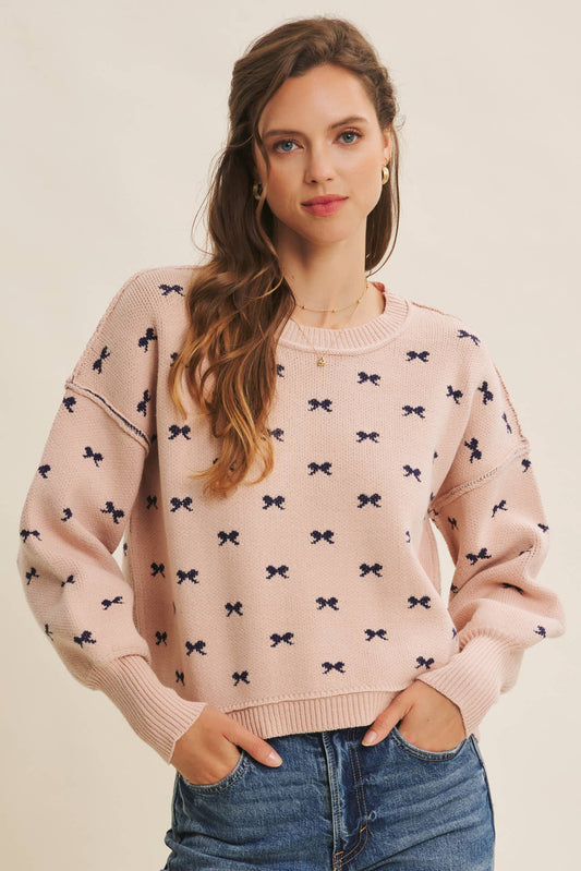 Bow Jacquard Sweater in Light Peach