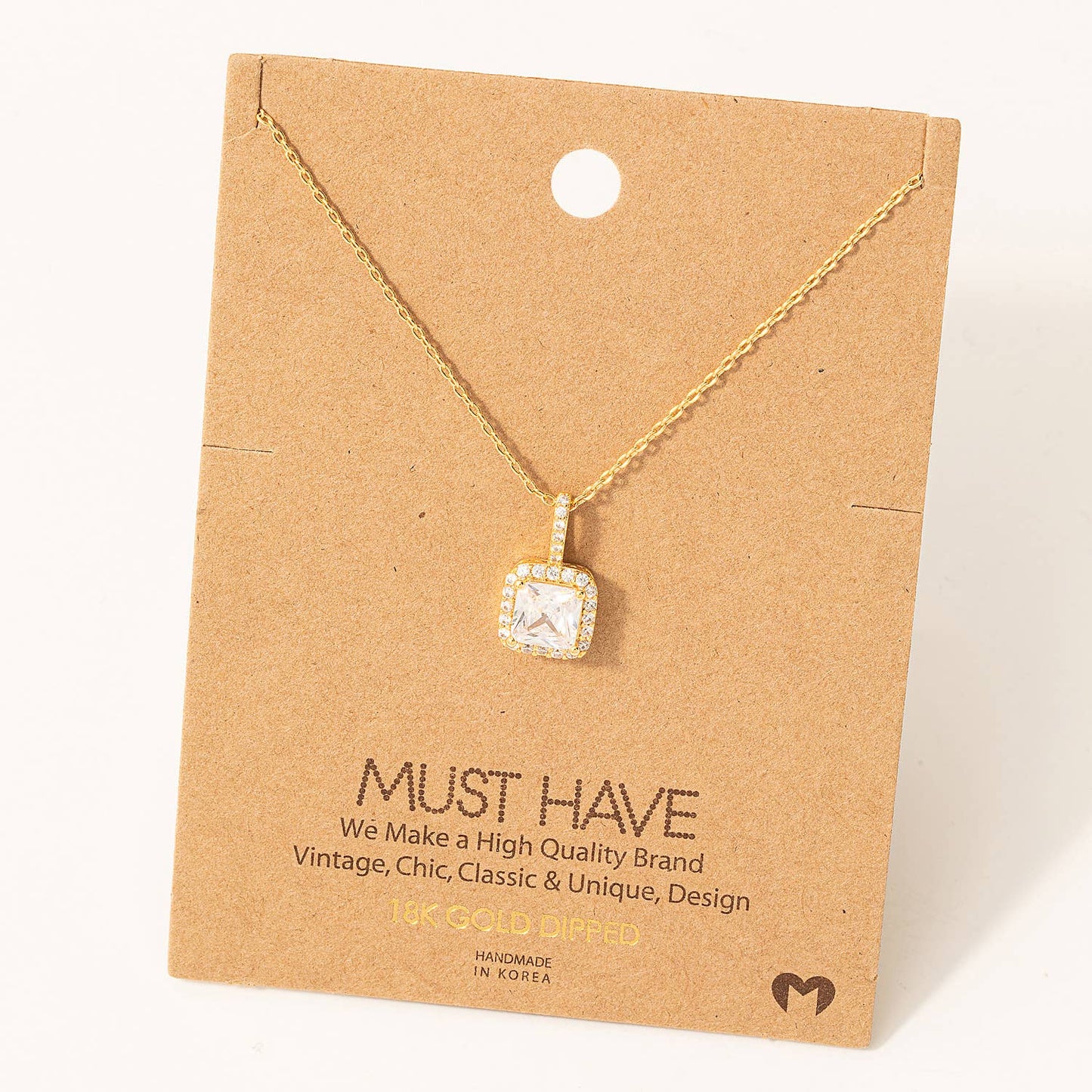 Square Rhinestone Pendant Necklace in Gold