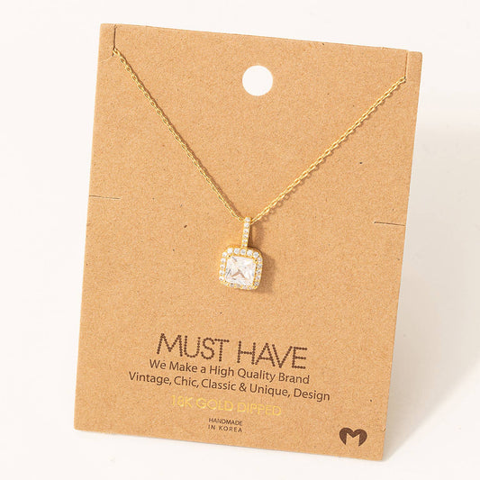 Square Rhinestone Pendant Necklace in Gold