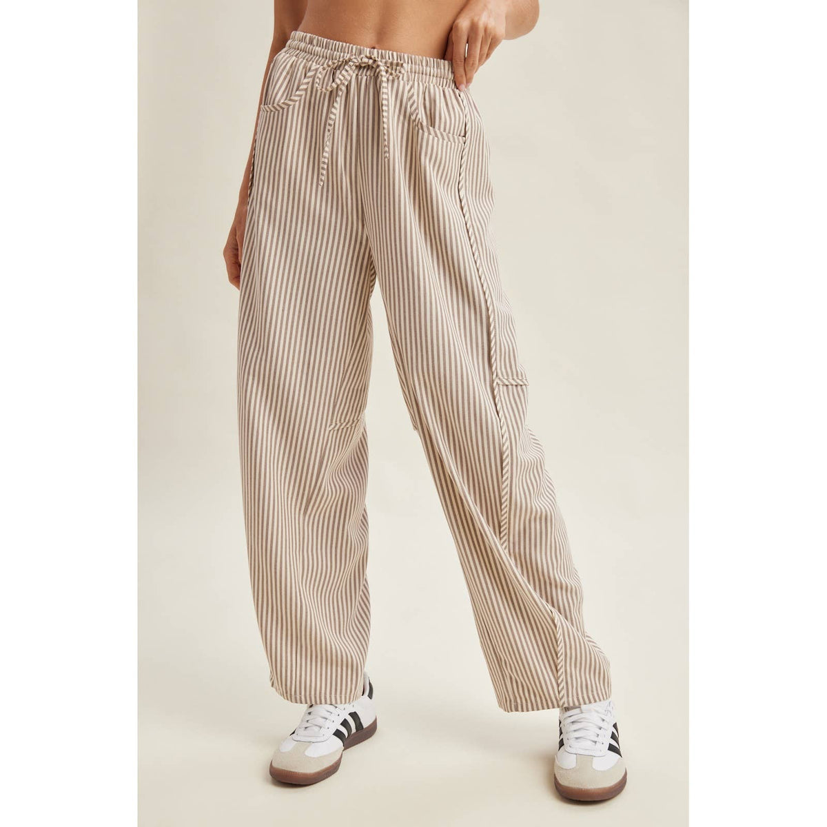 Striped Wide Leg Drawstring Pants in Cream/Brown
