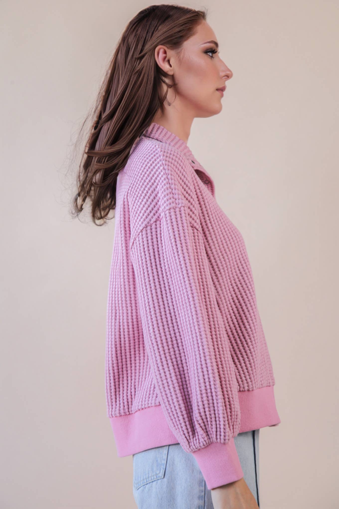 Oversized Button Waffle Top in Pink