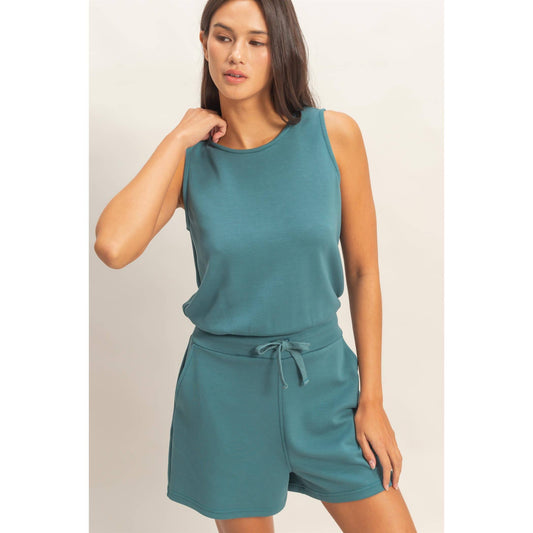 Drawstring Tank Romper in Teal