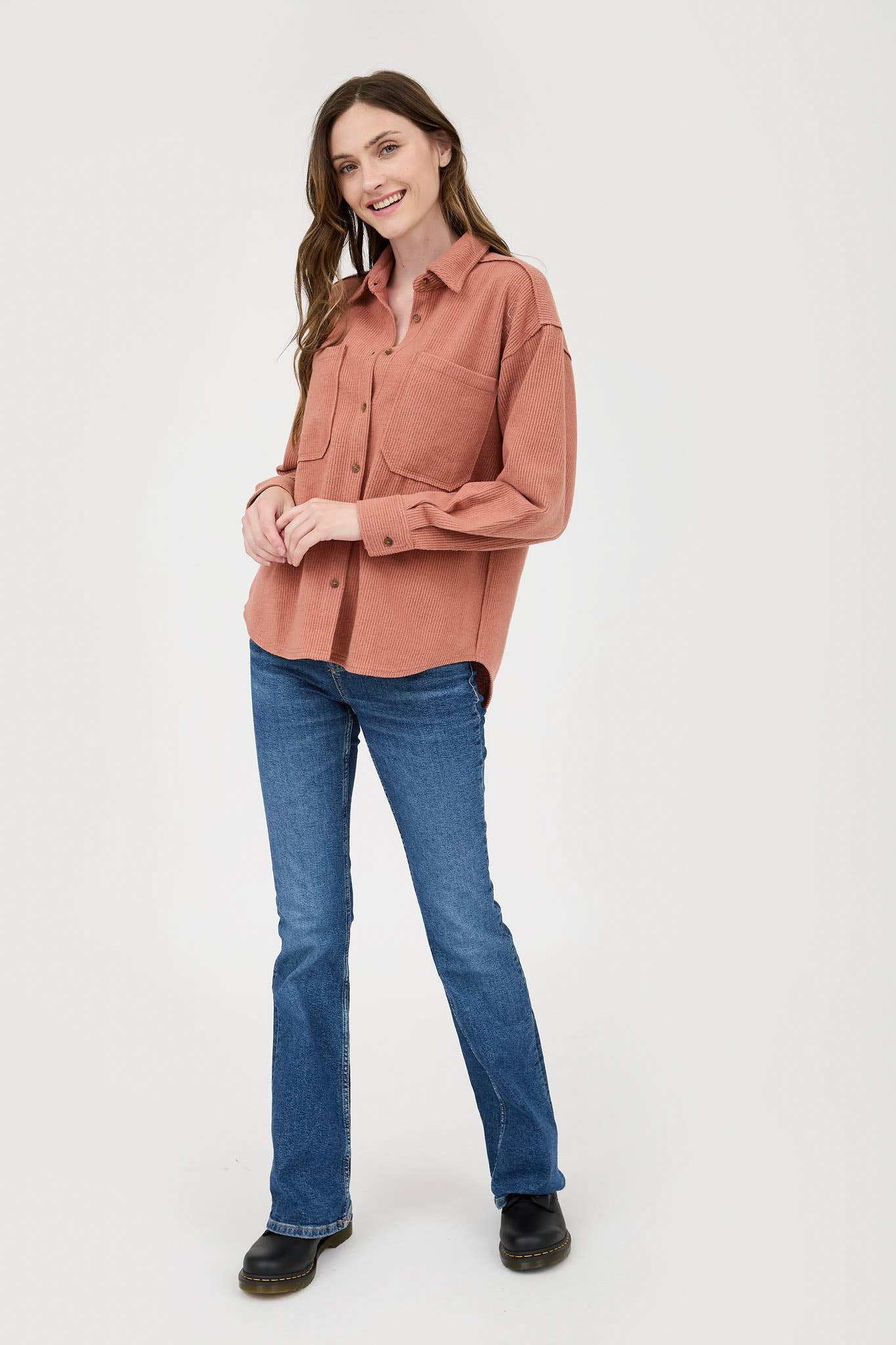 Exposed Seam Ribbed Button Up Top in Terracotta