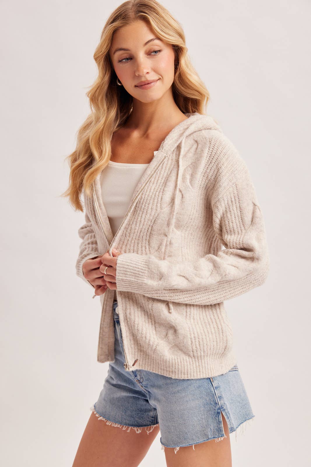 Zip Up Cable Knot Cardigan in Oatmeal
