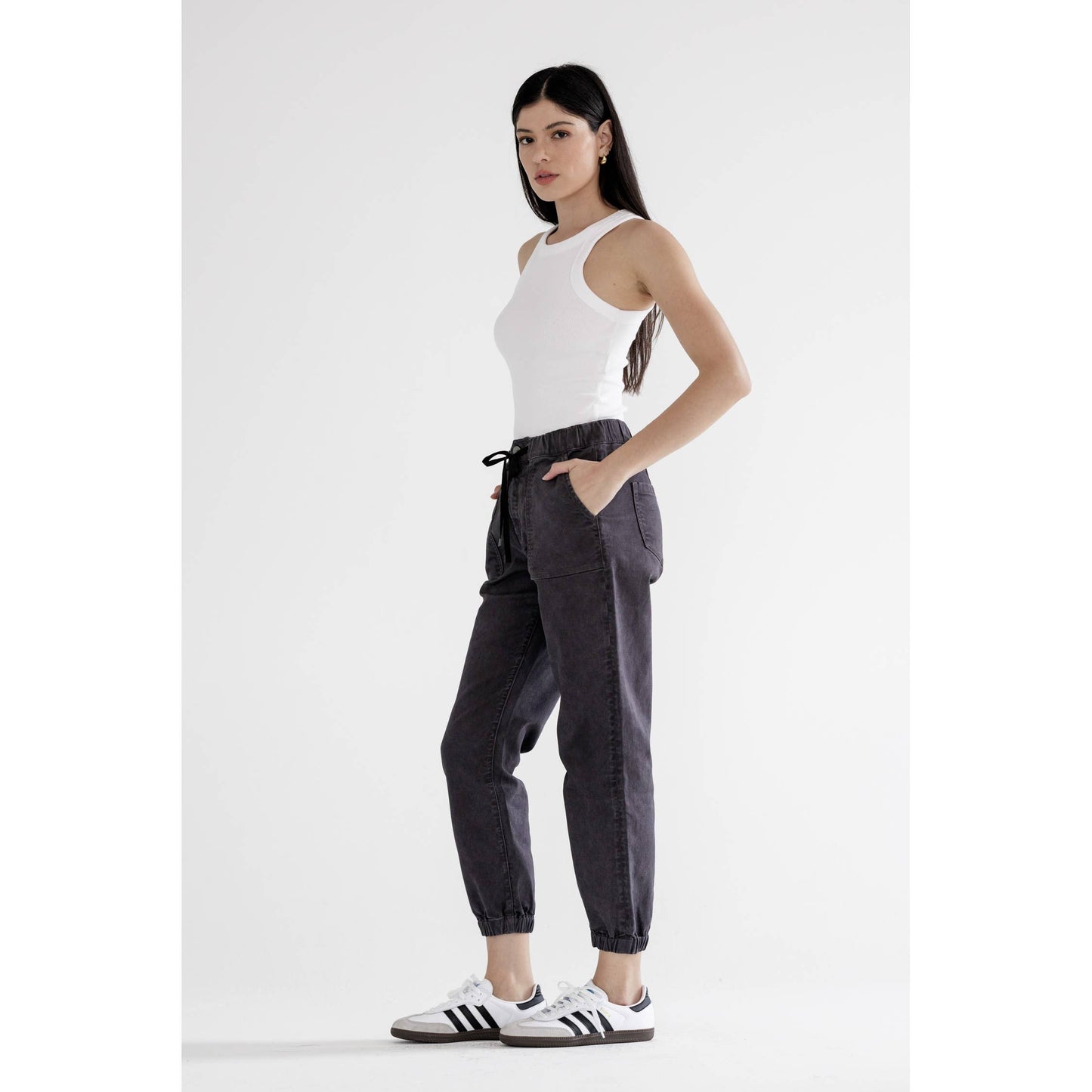 High Rise Cropped Denim Jogger in Charcoal Grey