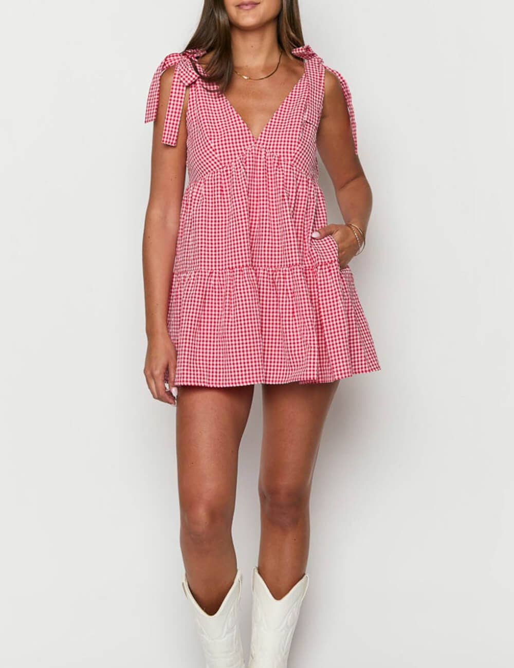 Plaid Tie Mini Dress in Red