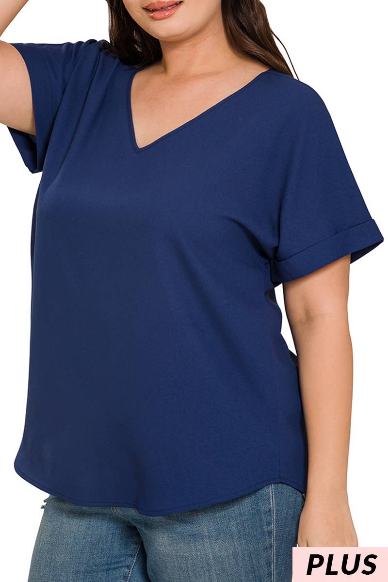 Plus Rolled Sleeve V Neck Top in Navy