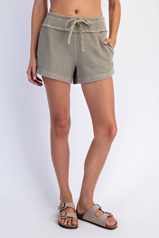 Mid Rise Mineral Washed Honeycomb Shorts in Muted Olive
