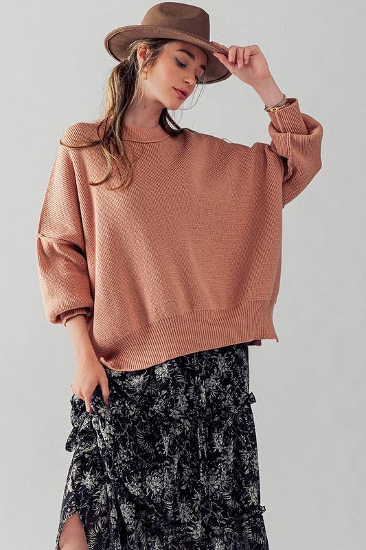 Oversized Side Slit Sweater in Peach Pink