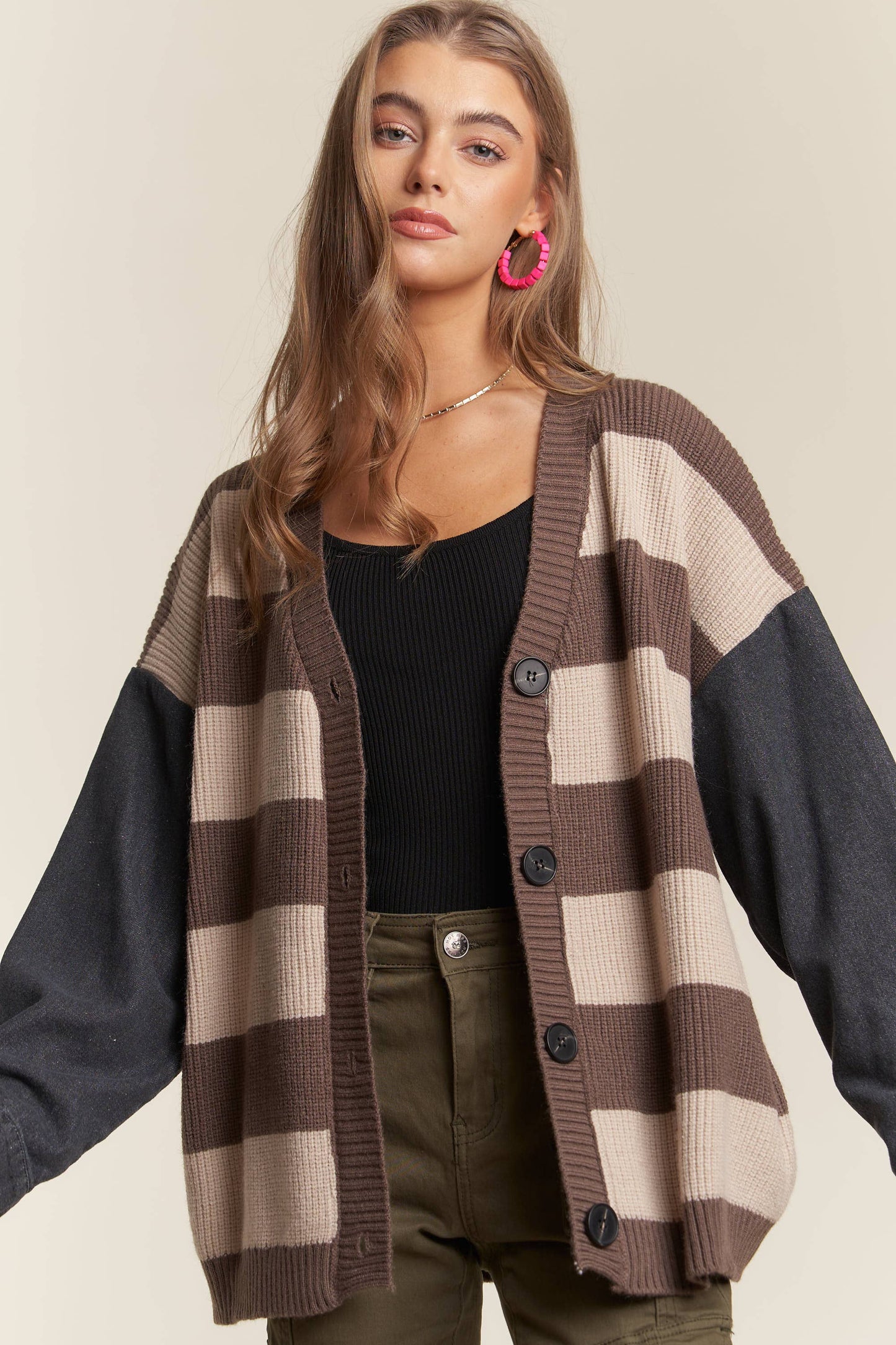 Denim Sleeve Stripe Sweater Cardigan in Mocha