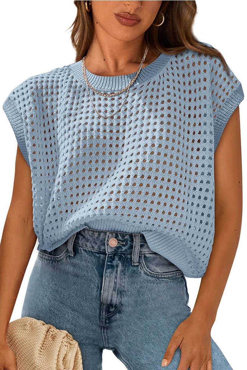 Hollow Knit Sweater Top in Light Blue