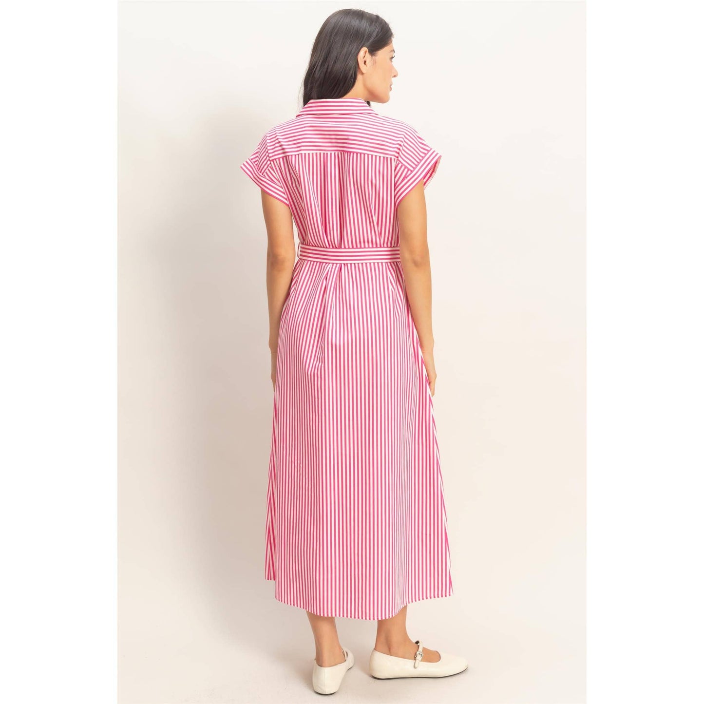 Striped Poplin Belted Dress With Pockets in Pink