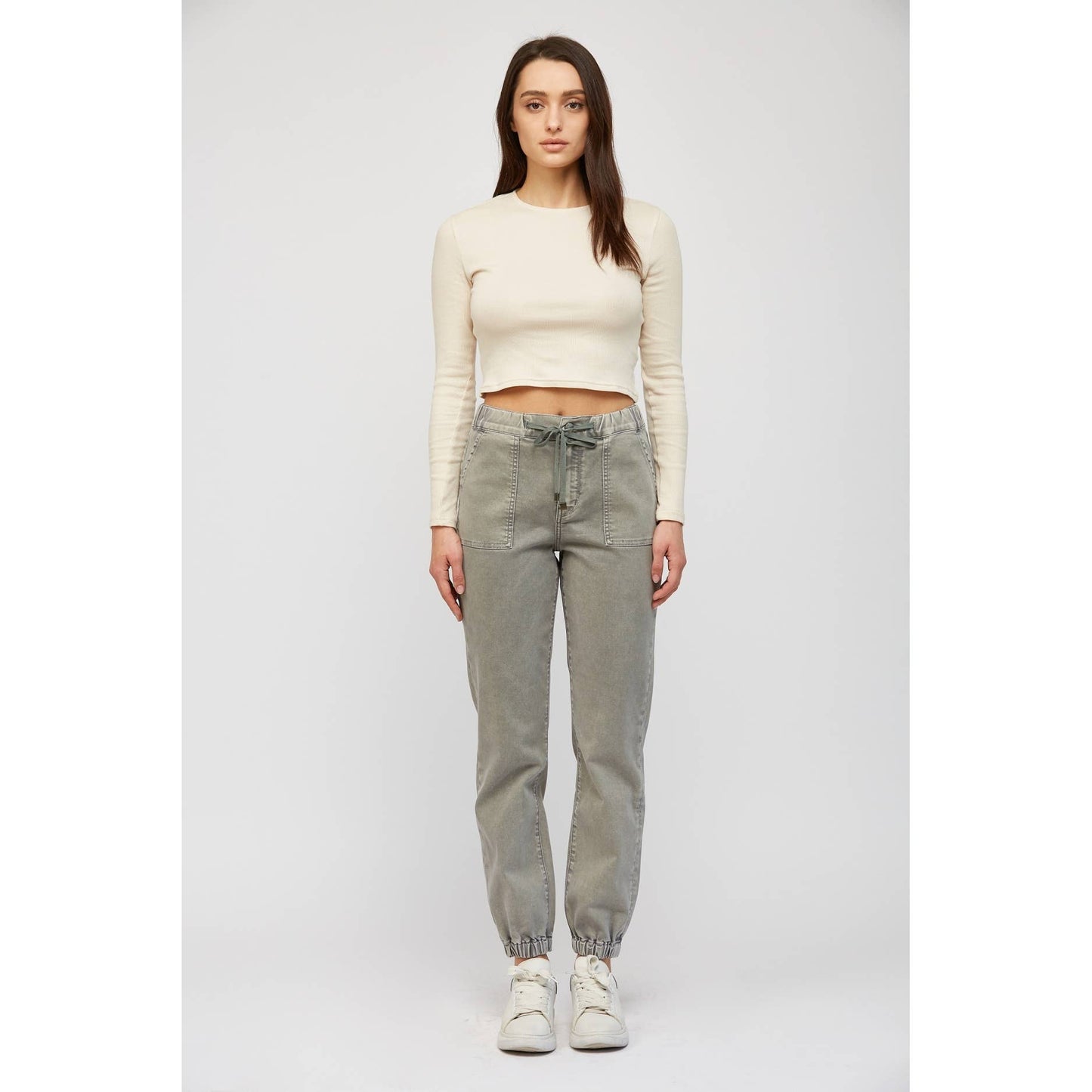 High Rise Cropped Denim Jogger in Ash Grey