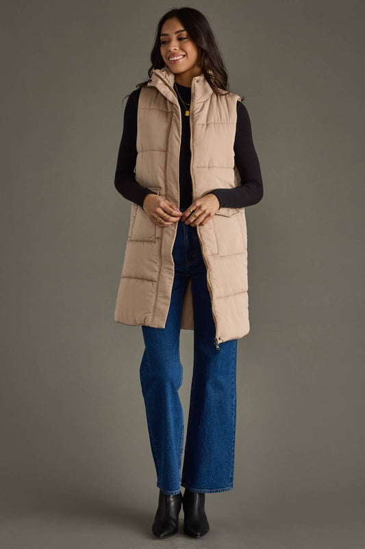 Long Puffer Vest in Tan