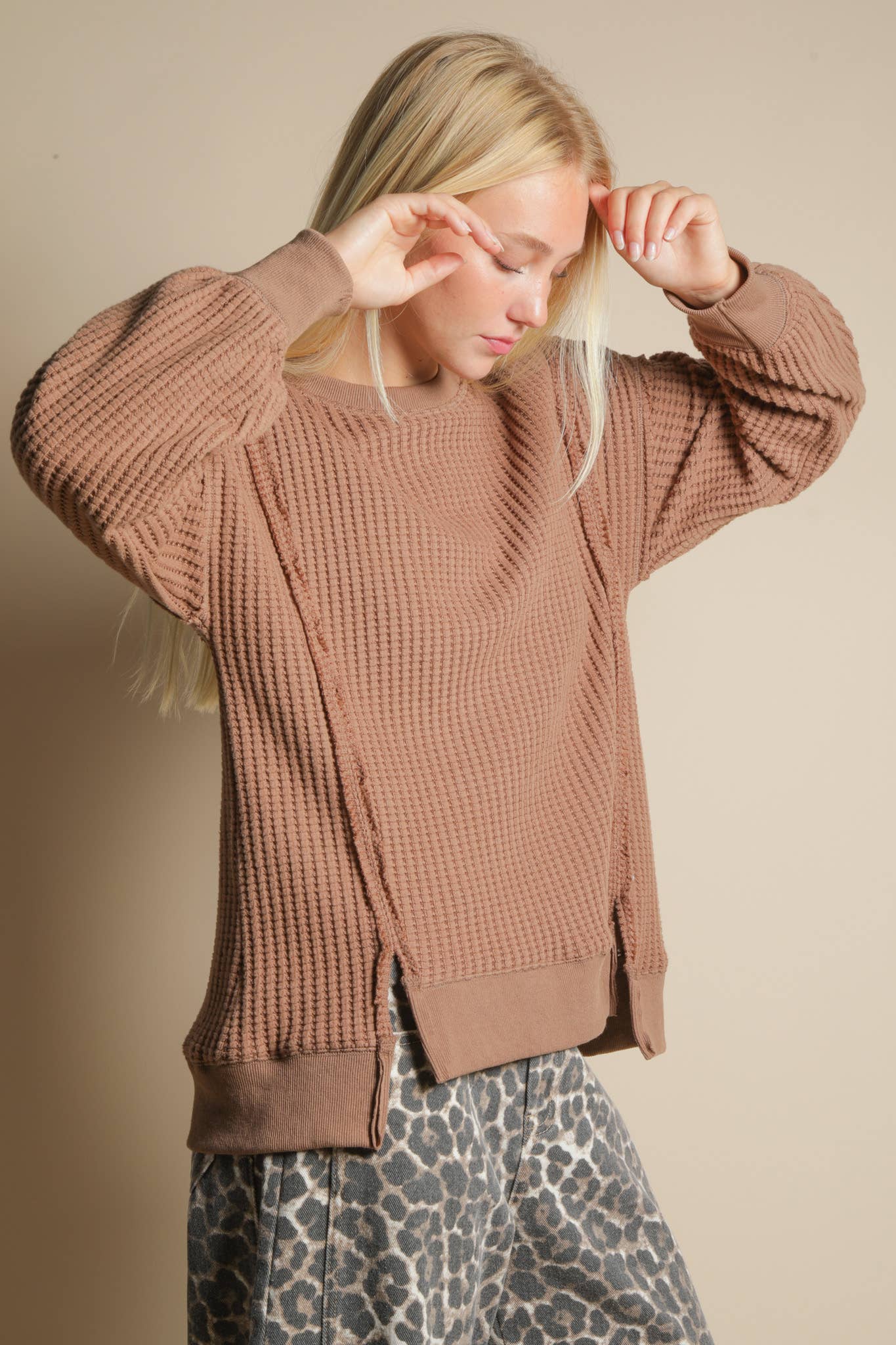 Oversized Waffle Knit Casual Top in Mocha