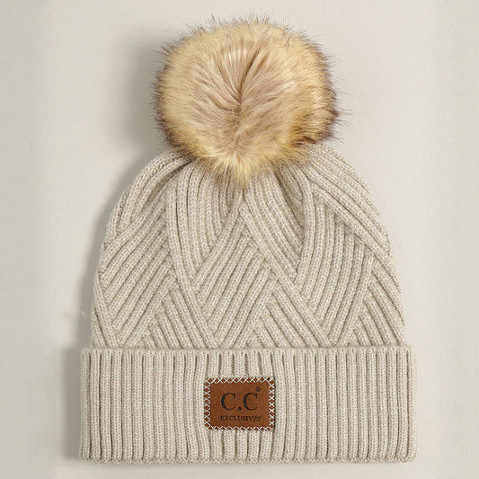 Heather Cuff Pom Hat in Warm Grey