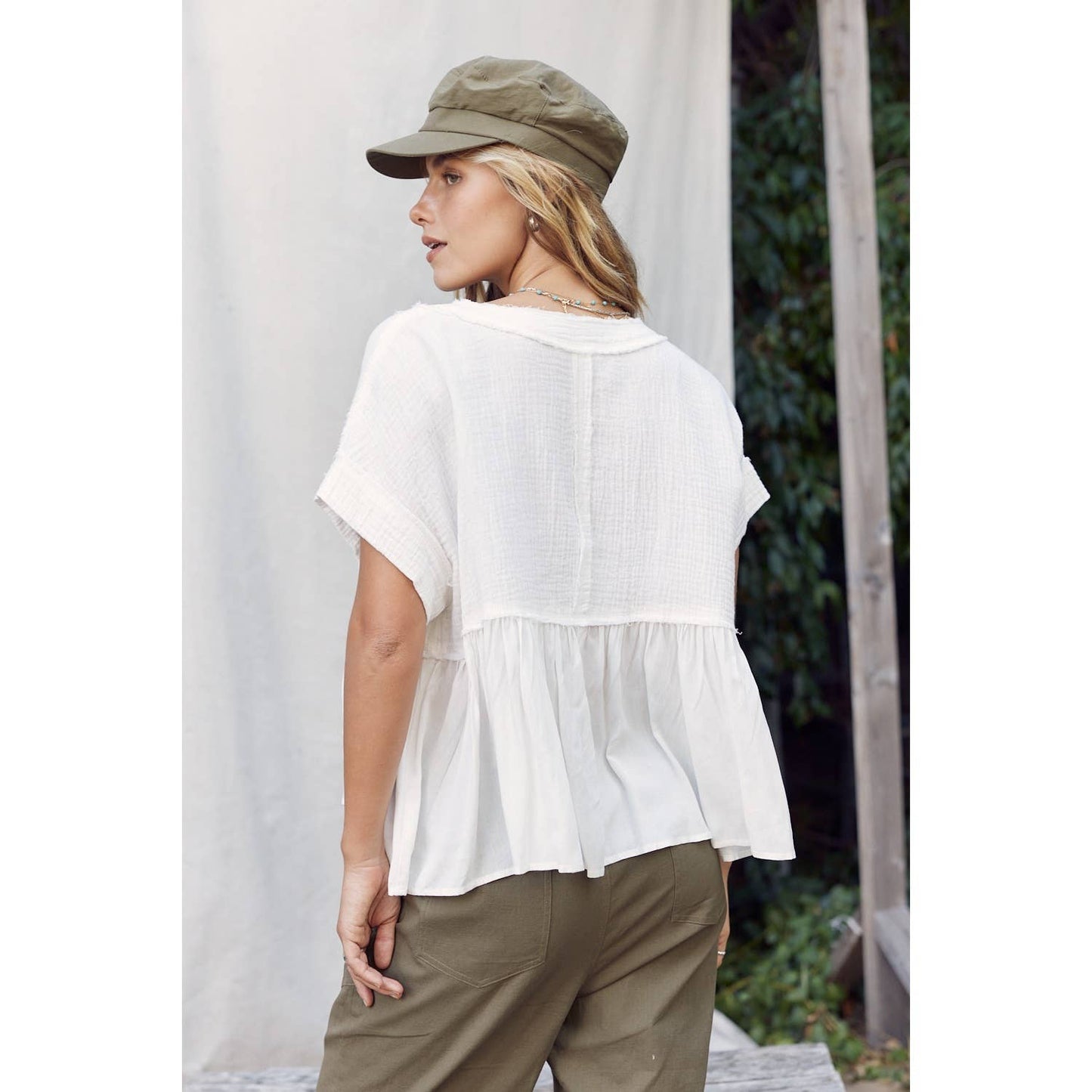 Raw Edge Ruffle Hem Top in Off White