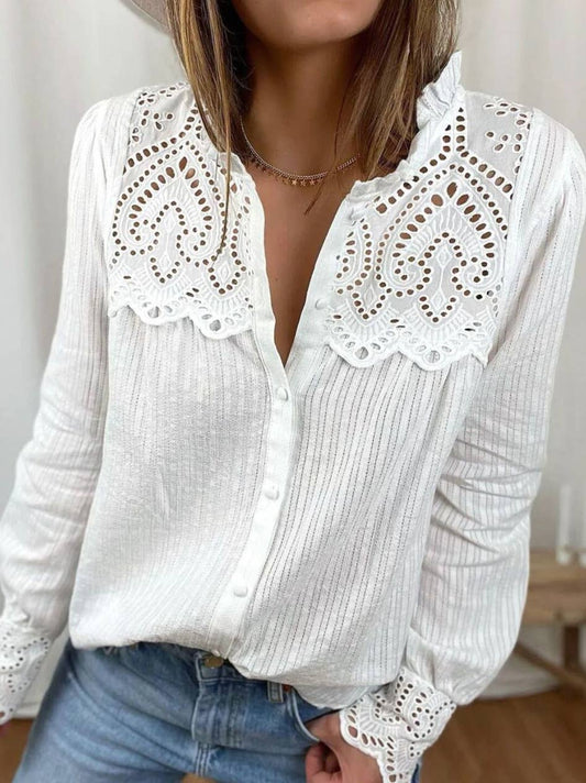 Crochet Lace Parchwork Button Top in White