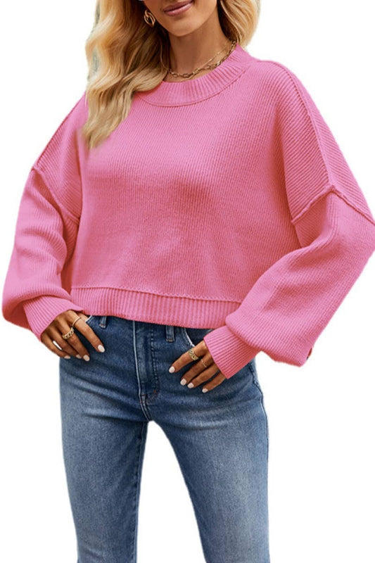 Cropped Side Slit Sweater in Pink