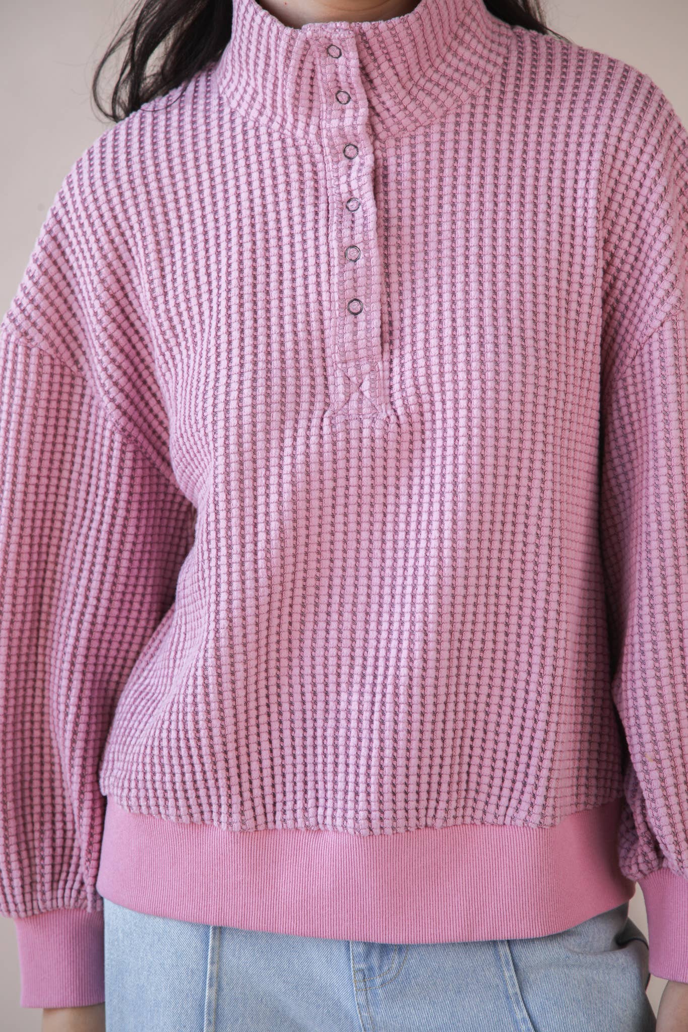 Oversized Button Waffle Top in Pink