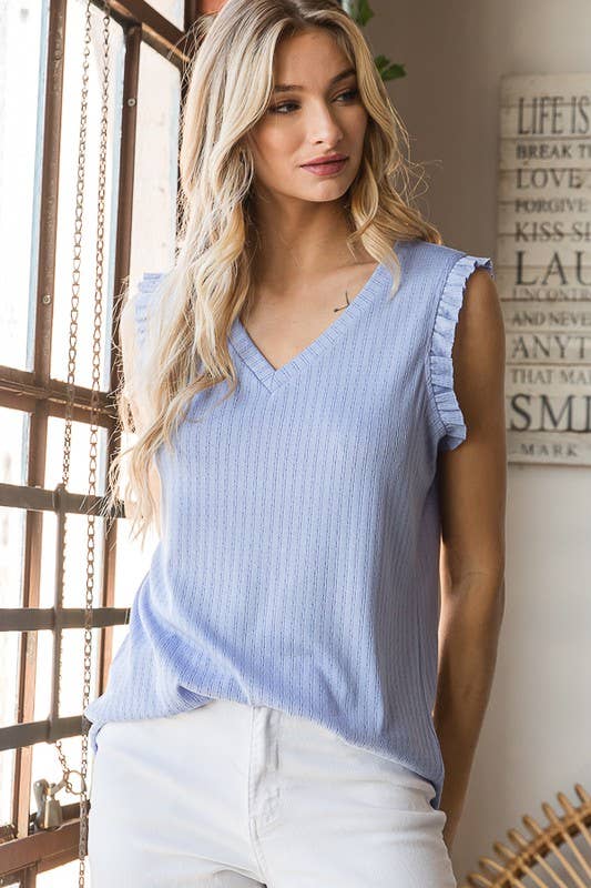 Ribbed Tank w/ Ruffle in Blue