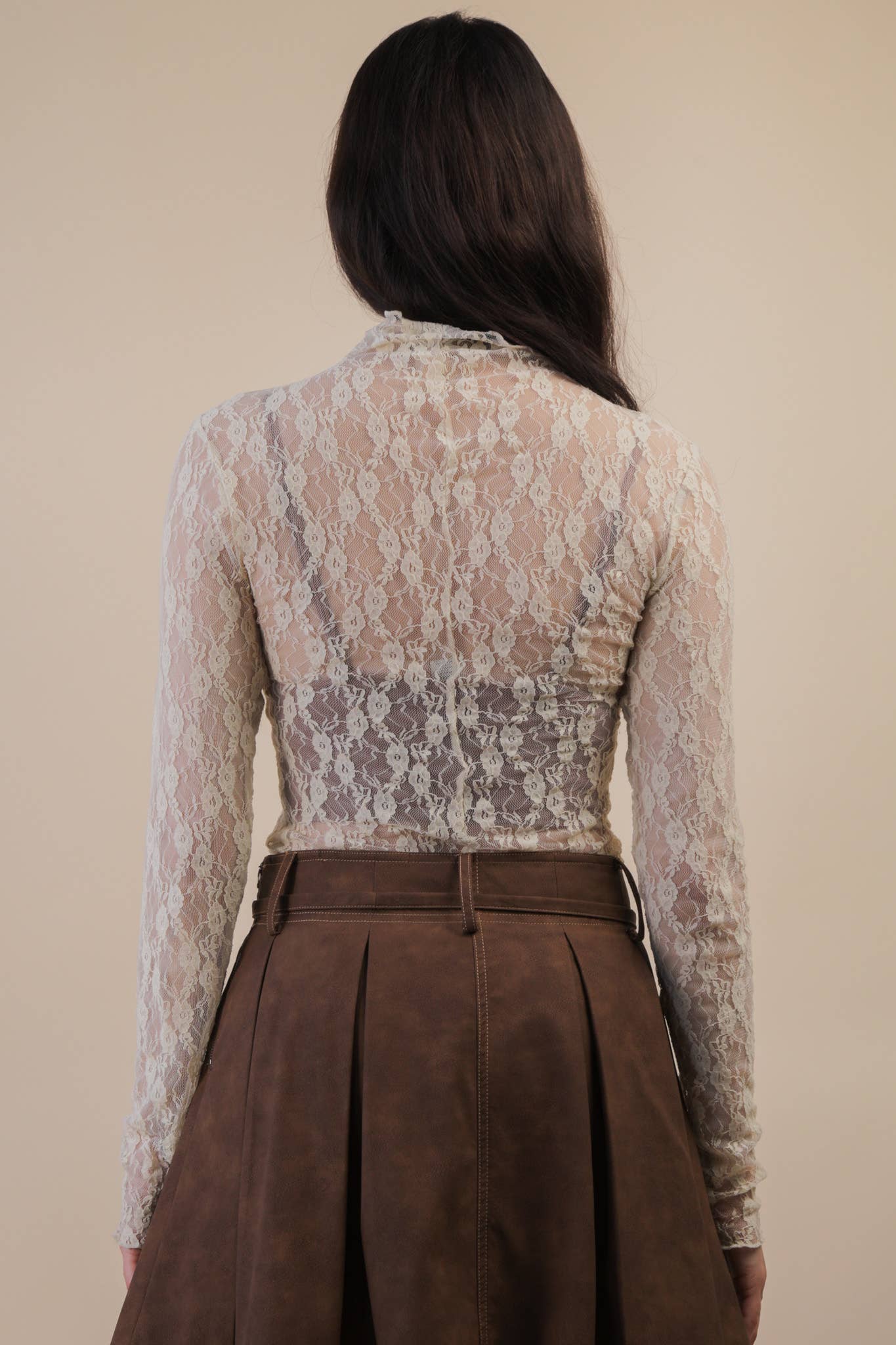 High Neck Fitted Sheer Lace Top in Champagne