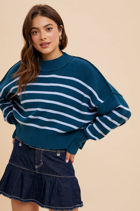 Striped Mock Neck Cropped Sweater in Emerald