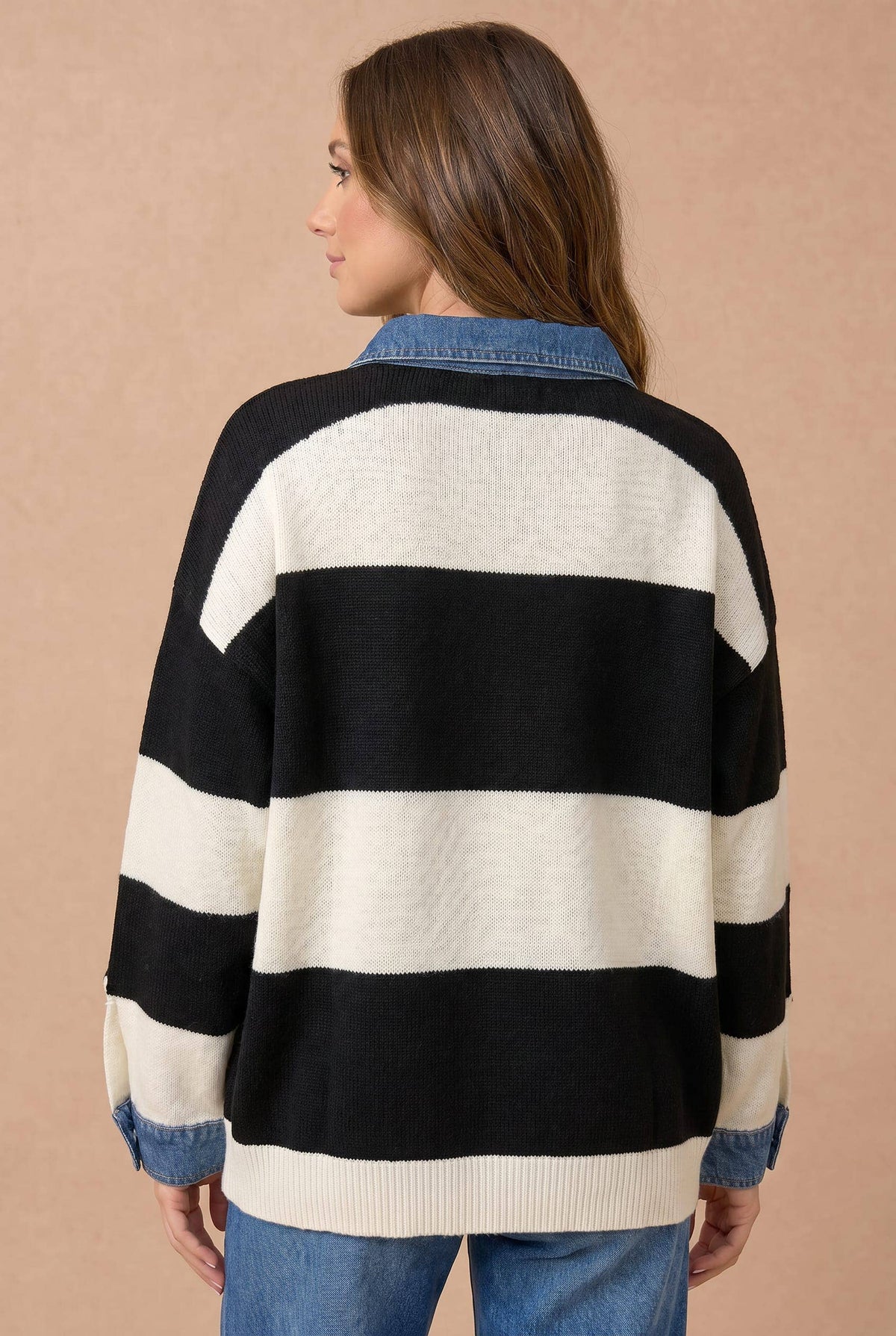 Striped Denim Collar Sweater in Black/Ivory