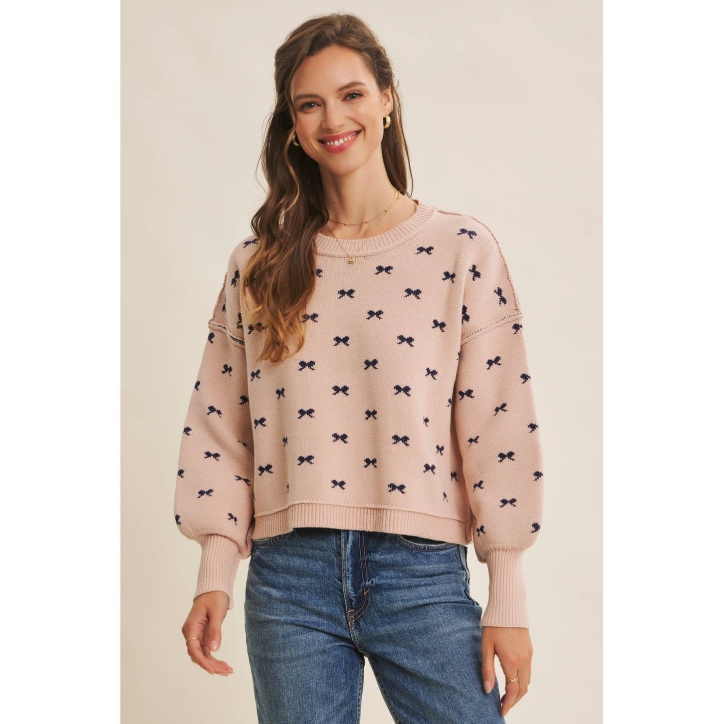 Bow Jacquard Sweater in Light Peach