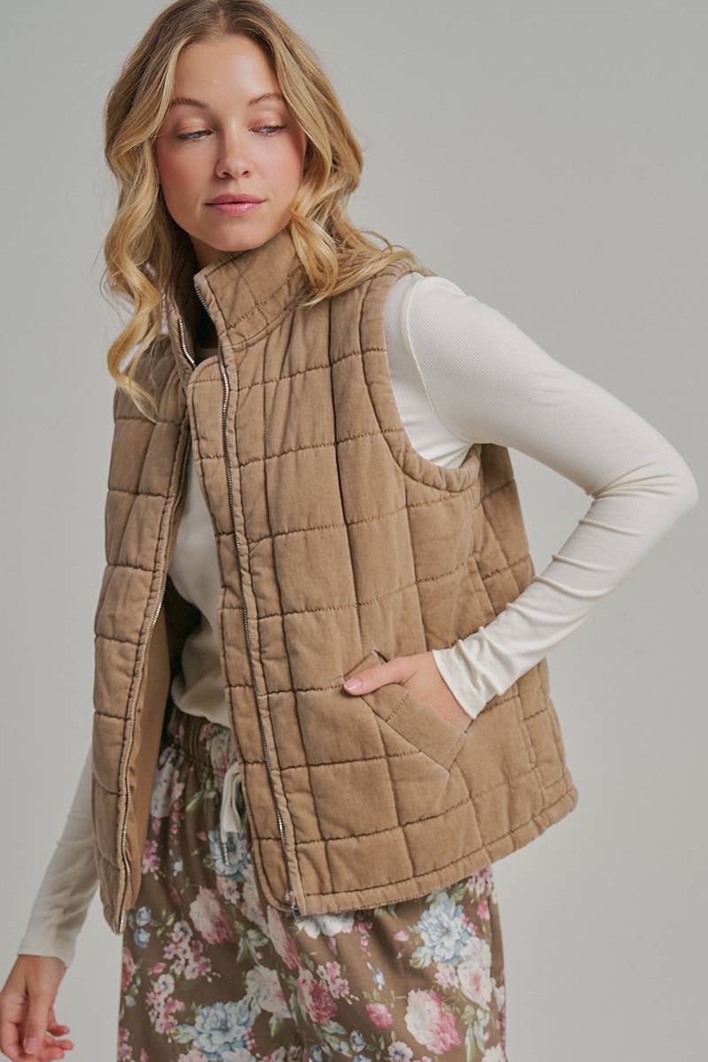 Vintage Washed Quilted Puffer Vest in Taupe