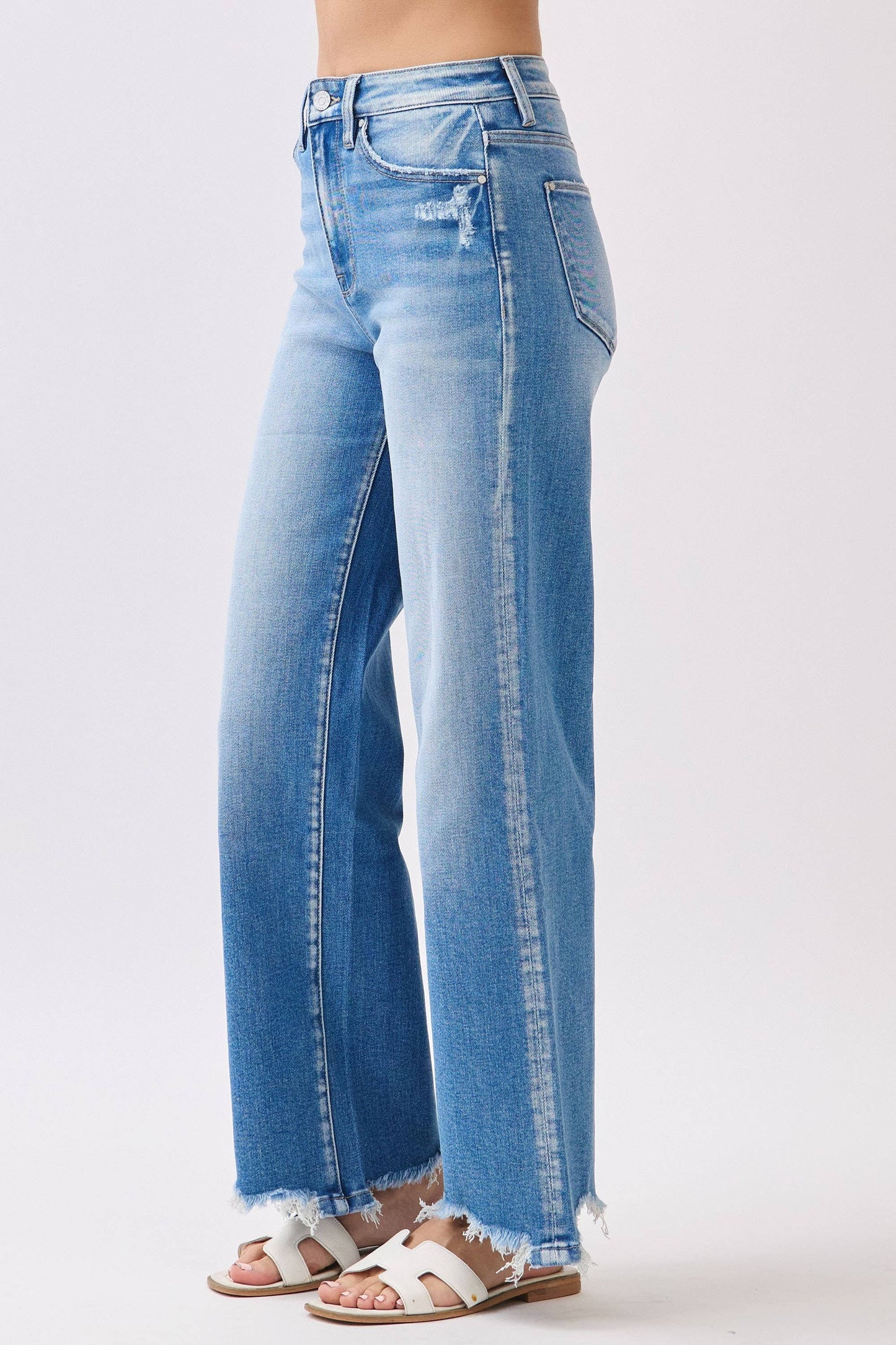 High Rise Wide Leg Denim w/ Destroyed Hem