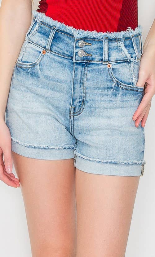 High Rise Wide Waistband Denim Shorts