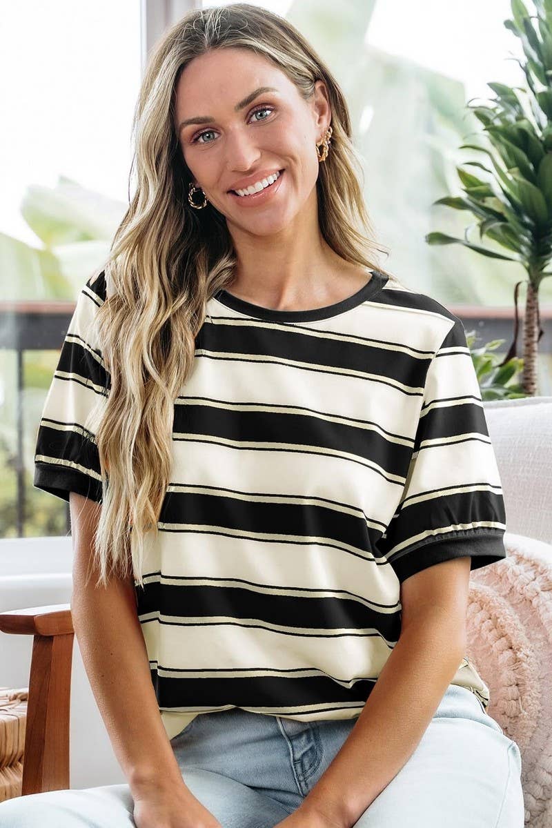 Striped Short Sleeve Top in Black