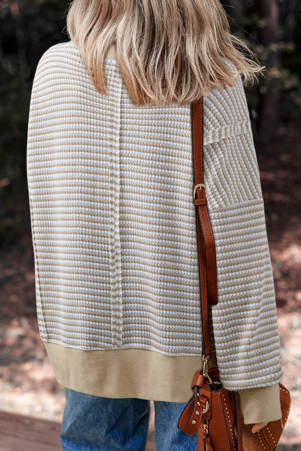 Ribbed Stripe Drop Shoulder Long Sleeve Top in Brown