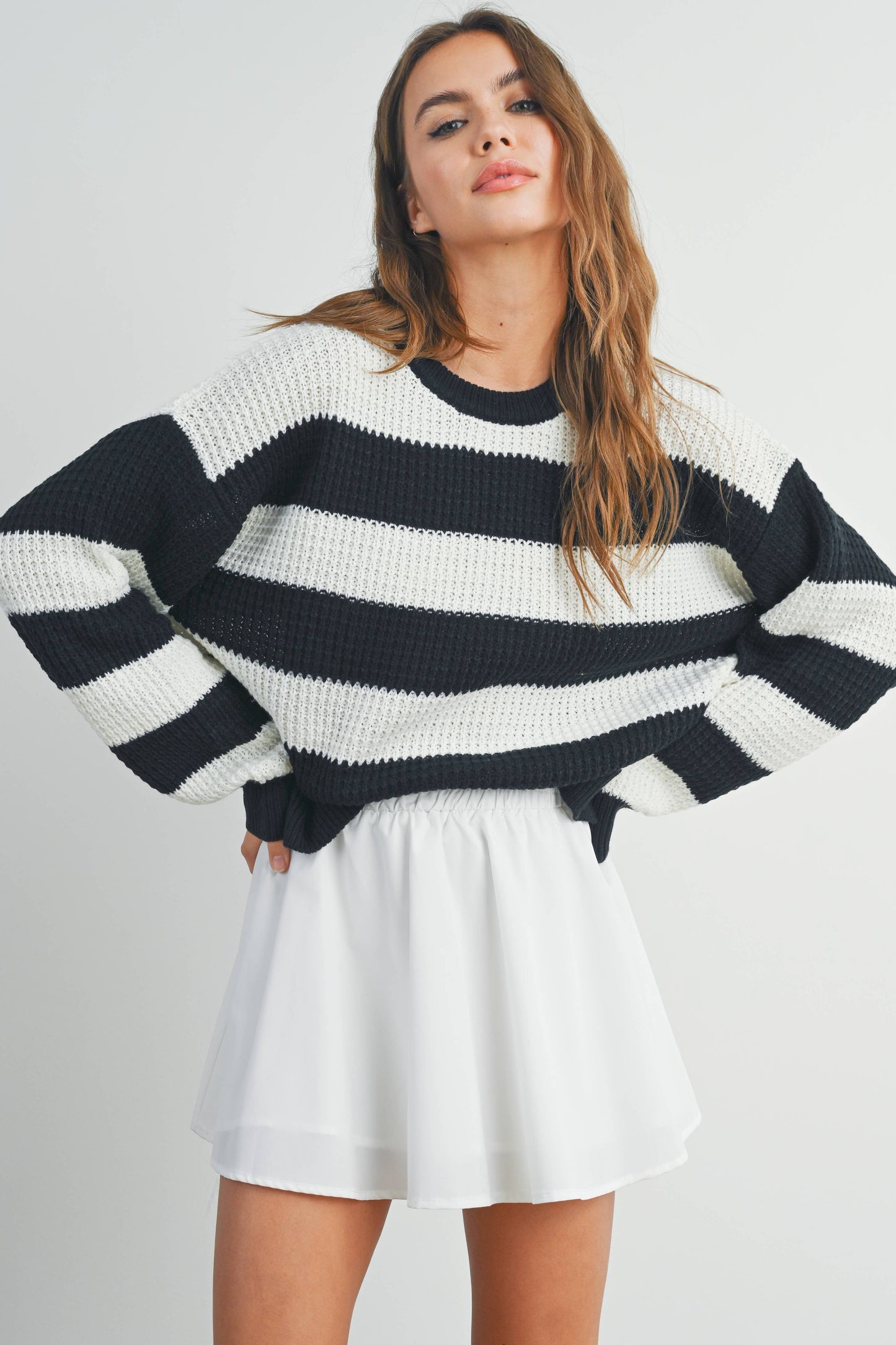 Striped Long Sleeve Sweater in Ivory/Black