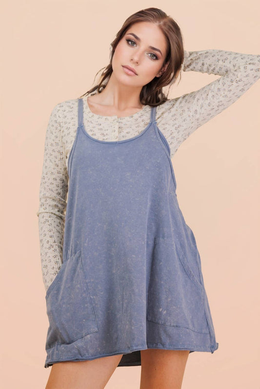 Mineral Washed Mini Dress in Denim Blue