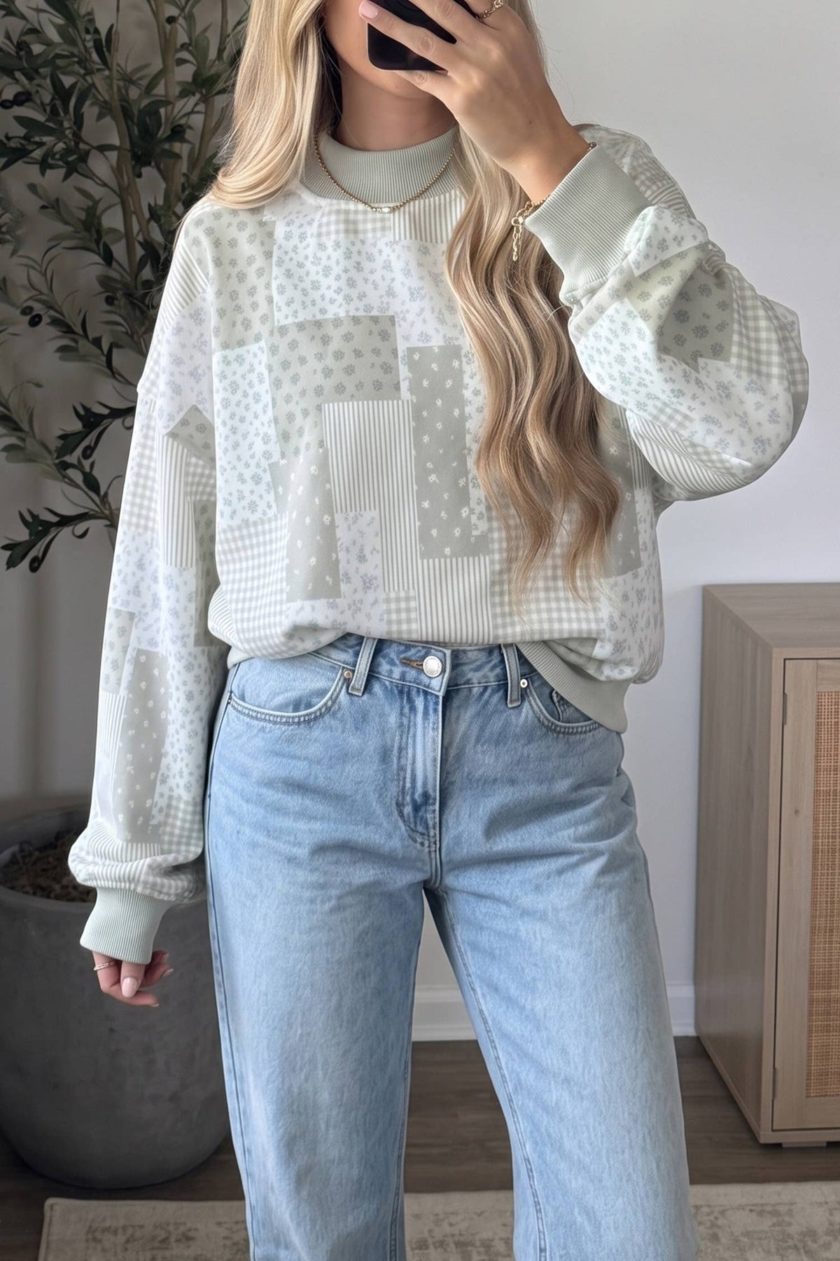 Patchwork Floral Mock Neck in Light Green