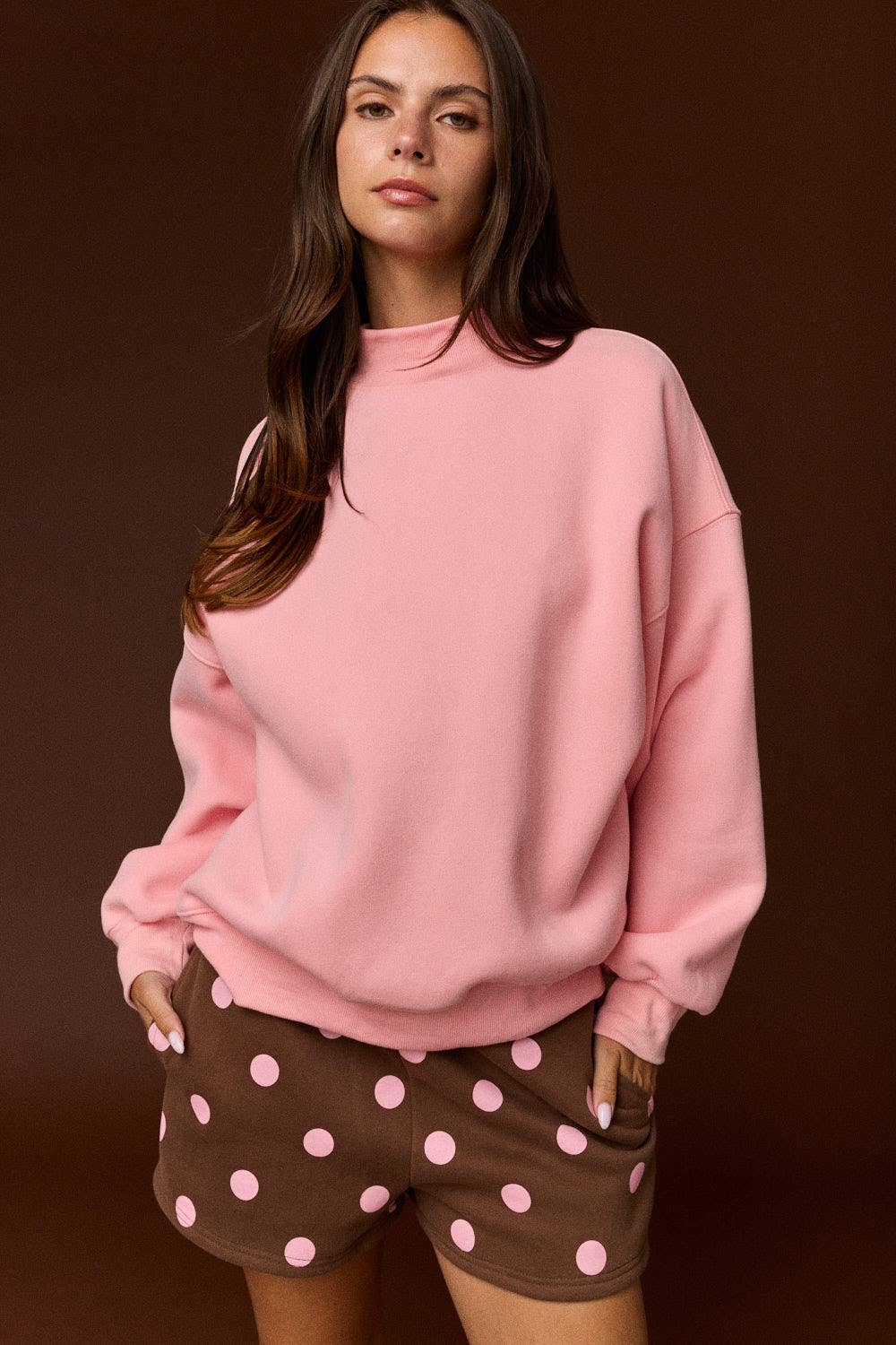 Oversized Mock Neck Sweatershirt in Pink