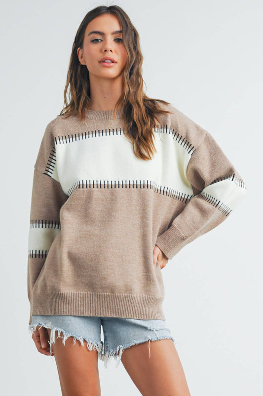 Colorblock Striped Sweater in Taupe