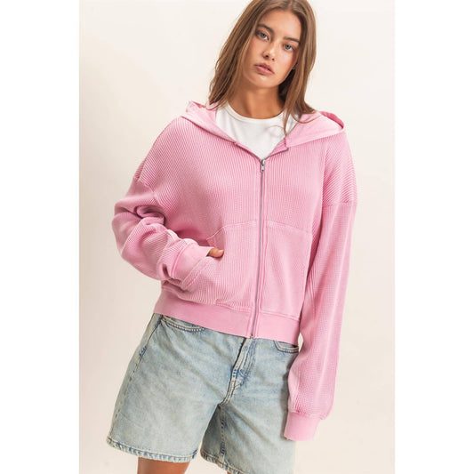 Acid Wash Waffle Knit Hoodie in Pink