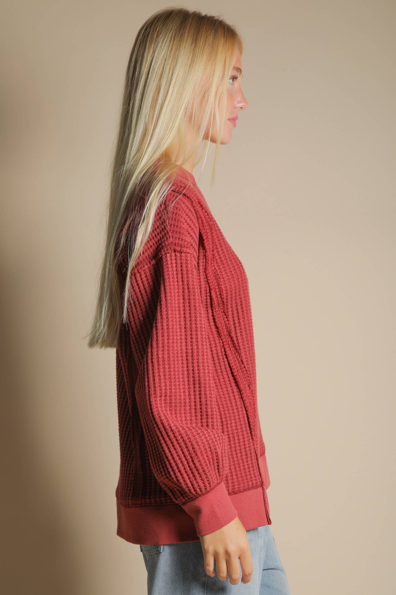 LARGE - Oversized Waffle Knit Casual Top in Burgundy