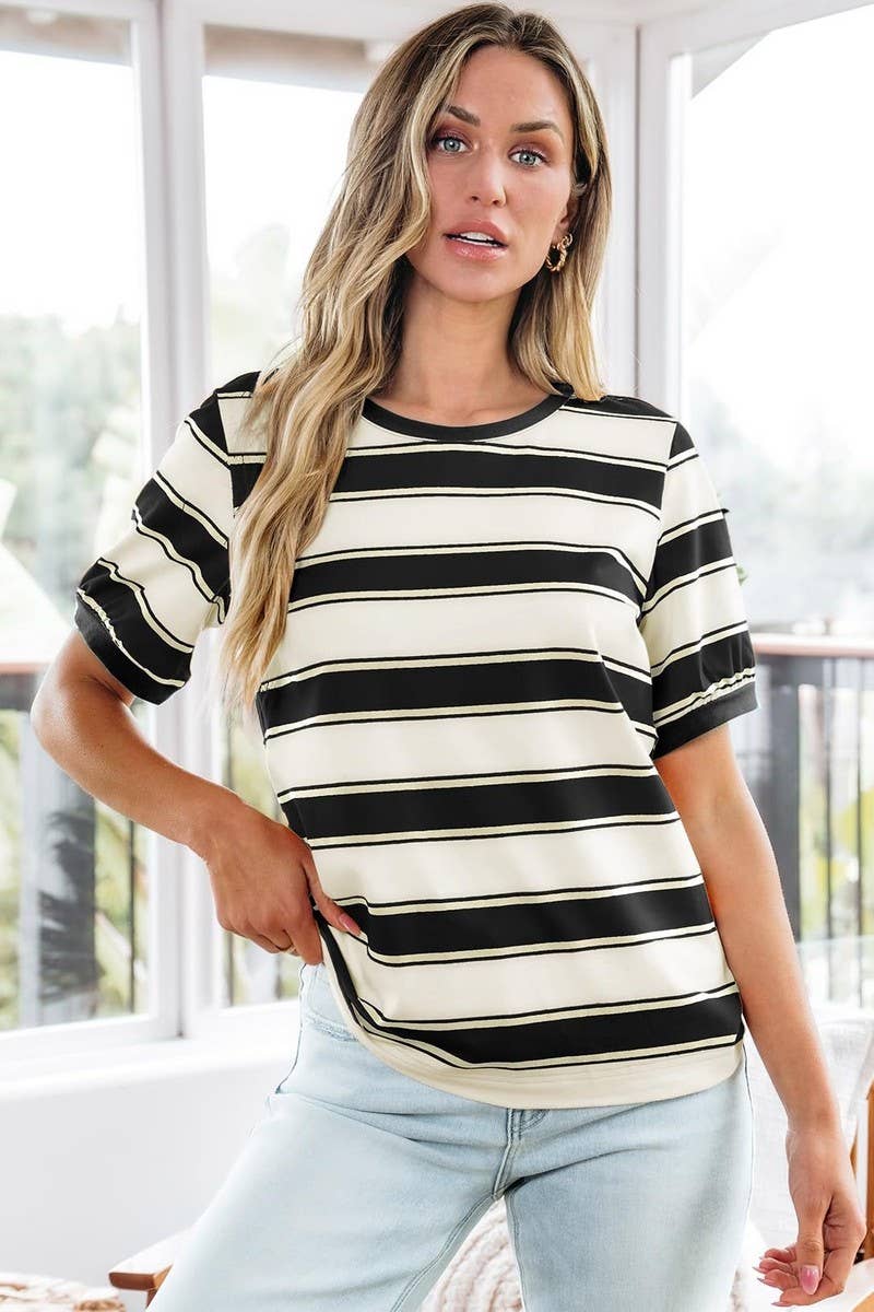 Striped Short Sleeve Top in Black