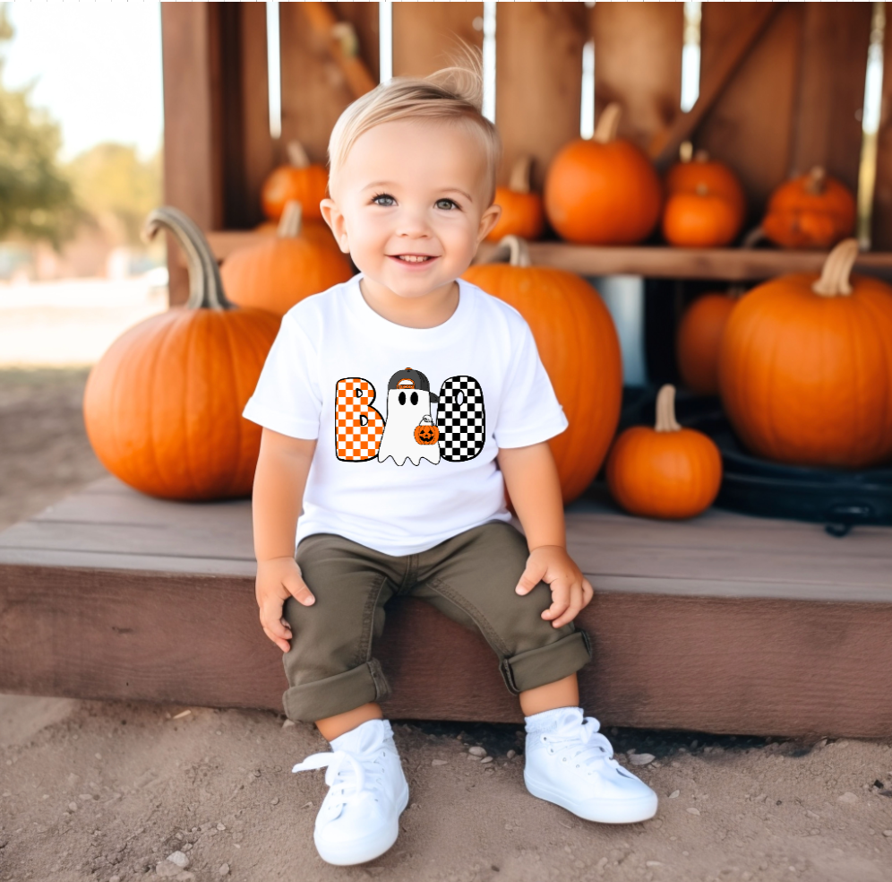 Kids Graphic — Checkered BOO in White