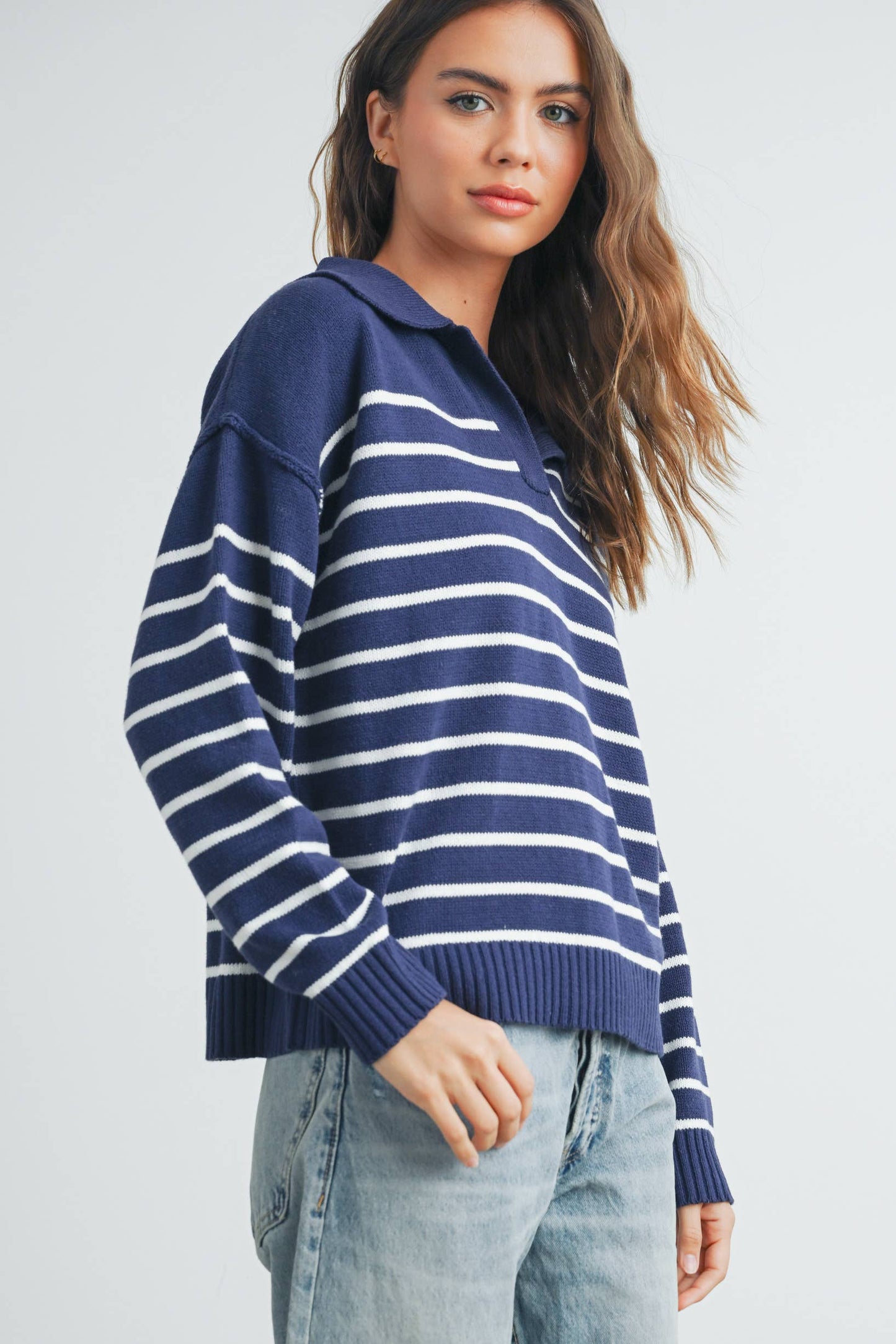 V Neck Striped Sweater in Navy