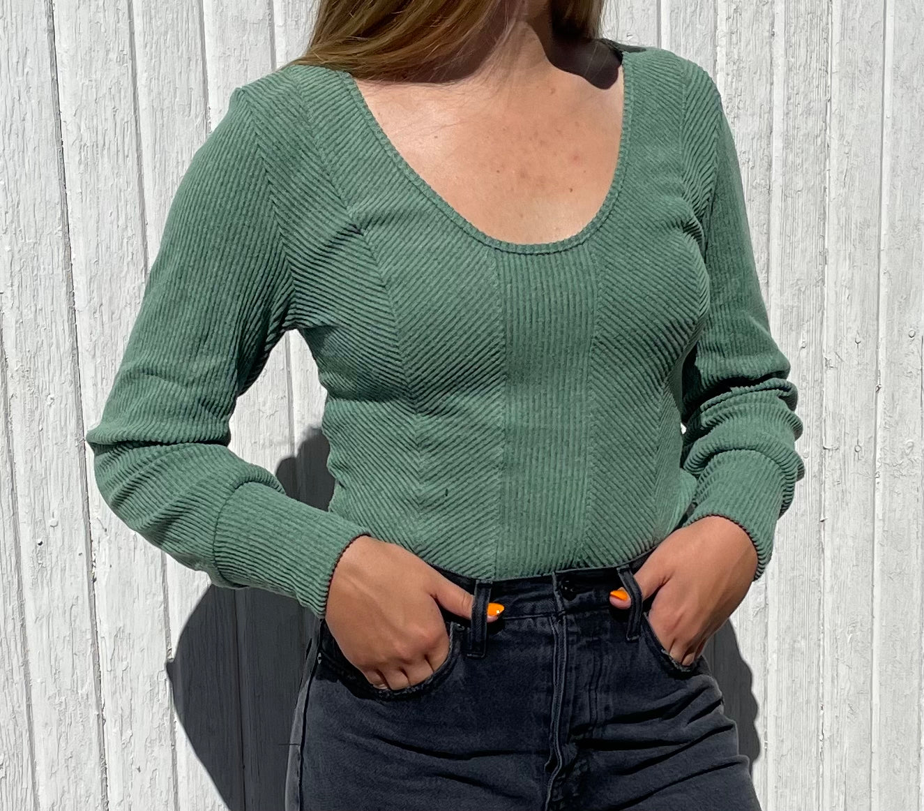 Ribbed Scoop Neck Top in Green