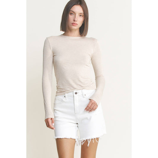 Distressed High Rise Frayed Denim Shorts in Misty White