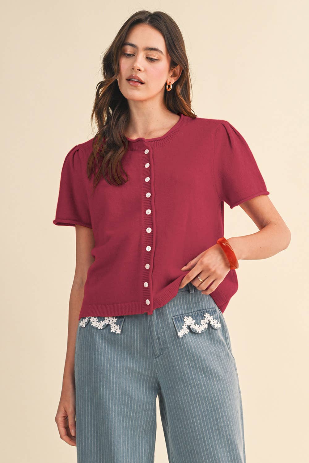 Short Sleeve Sweater Cardigan in Velvet Fuschia